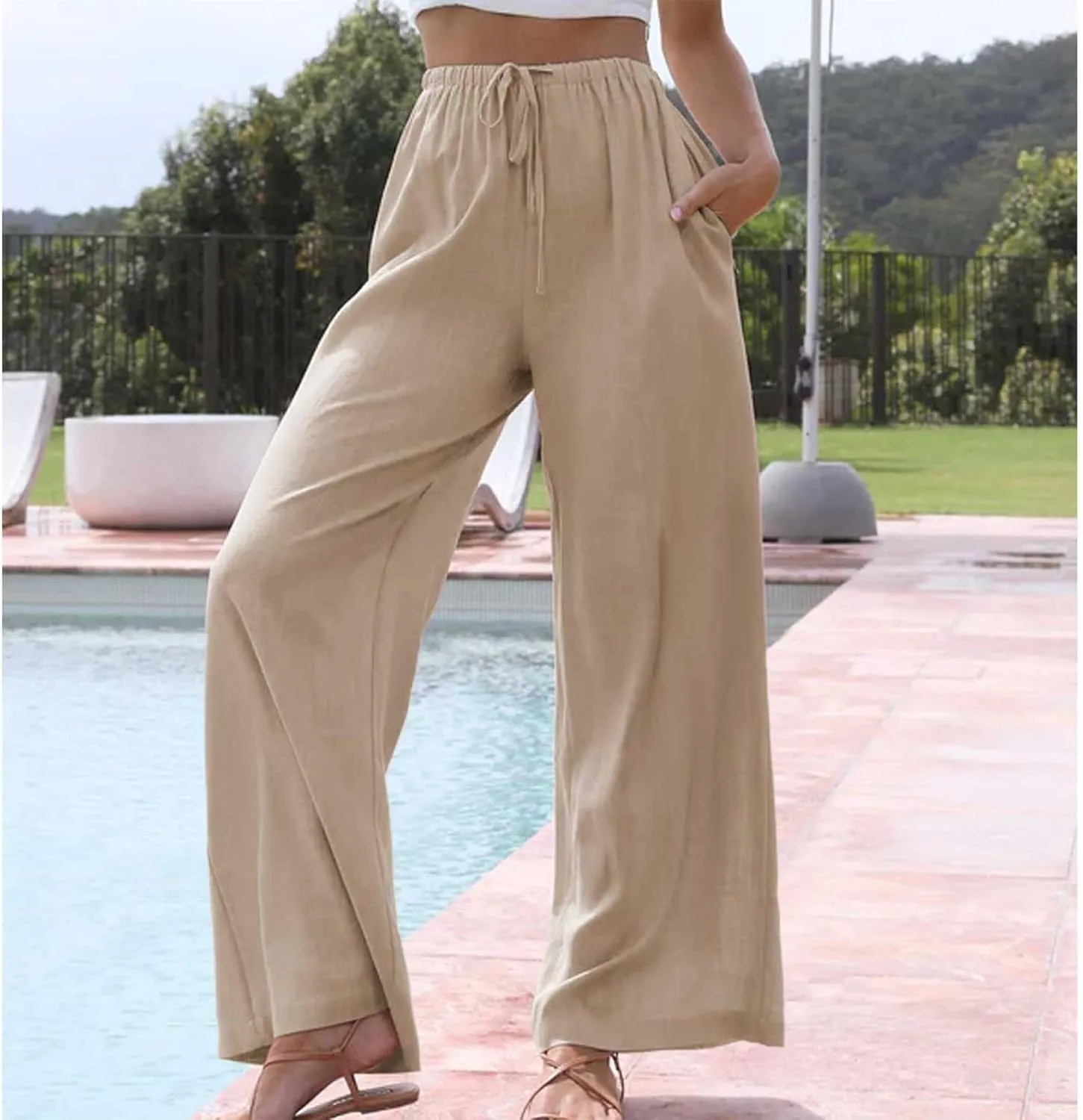 Duyang Womens Cotton Linen Palazzo Pants Drawstring Elastic Waist Casual Wide Leg Trousers with Pockets