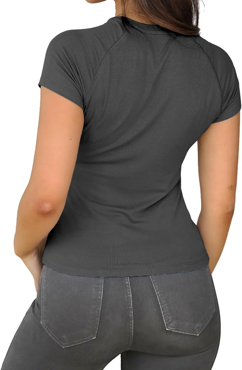Dwnval Womens Basic Summer Short Sleeve Crewneck T Shirt Raglan Ribbed Knitted Slim Fit Casual Going Out Tops