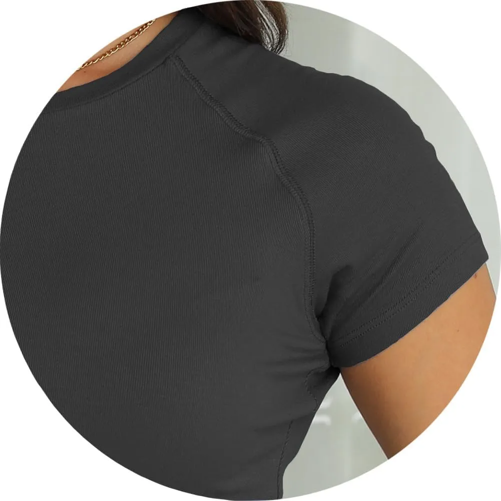 Dwnval Womens Basic Summer Short Sleeve Crewneck T Shirt Raglan Ribbed Knitted Slim Fit Casual Going Out Tops