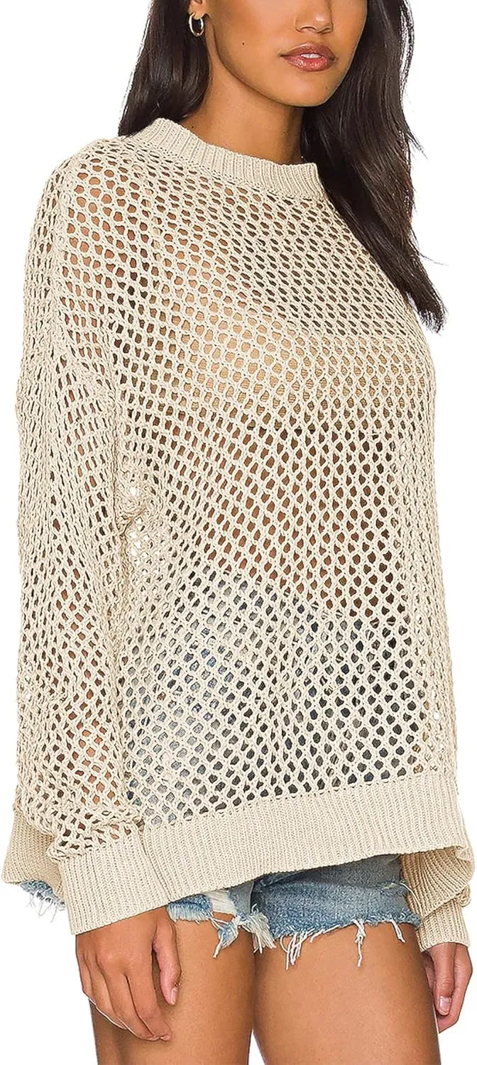 Ebifin Womens Crochet Tops Long Sleeve Beach Summer Sweater Crew Neck Mesh Cover Ups Bikini Swimsuit Tunic Pullover Tops
