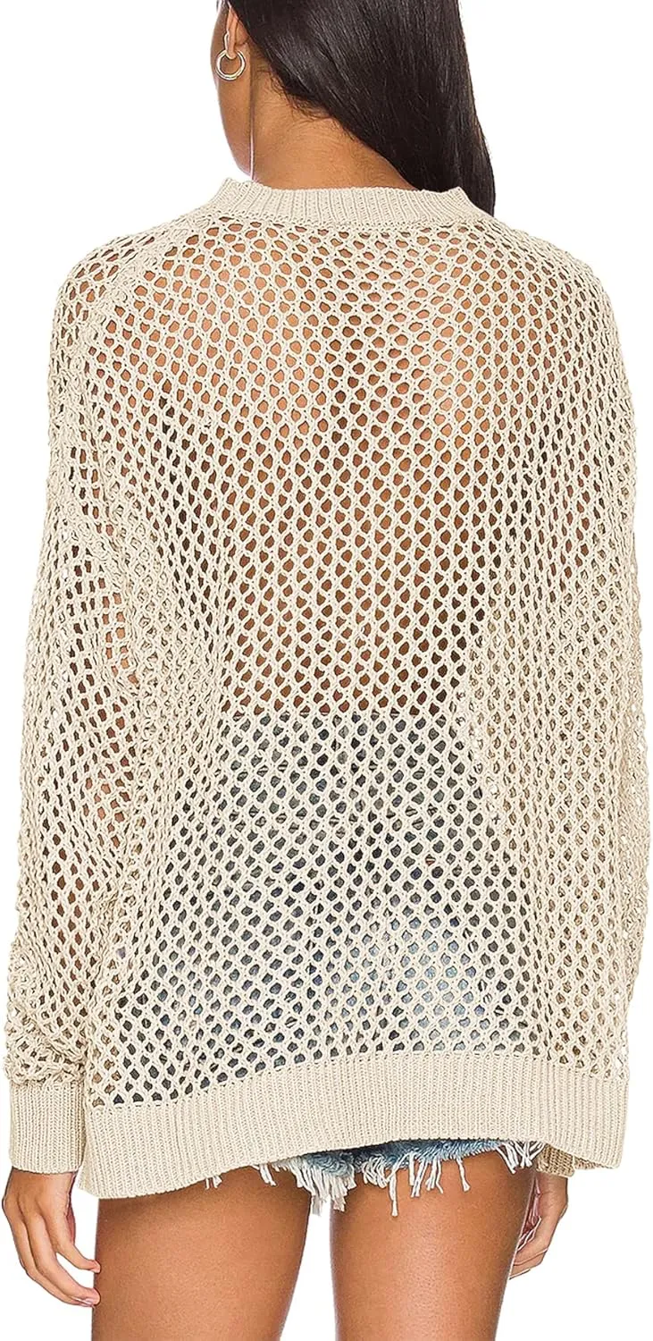 Ebifin Womens Crochet Tops Long Sleeve Beach Summer Sweater Crew Neck Mesh Cover Ups Bikini Swimsuit Tunic Pullover Tops