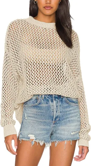 Ebifin Womens Crochet Tops Long Sleeve Beach Summer Sweater Crew Neck Mesh Cover Ups Bikini Swimsuit Tunic Pullover Tops