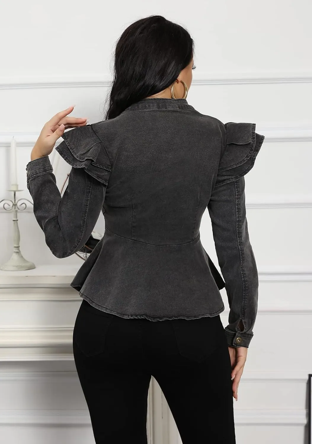 ECHOINE Women Casual Denim Jacket - Long Sleeve Zip Ruffle Shoulder Jean Jackets Peplum Coat Plus Size