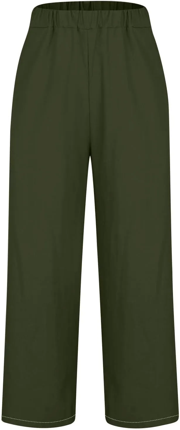 Elastic Waist Pants for Women Trendy 2024 Summer Casual Straight Leg Cotton Linen Pants Cropped Lounge Trousers