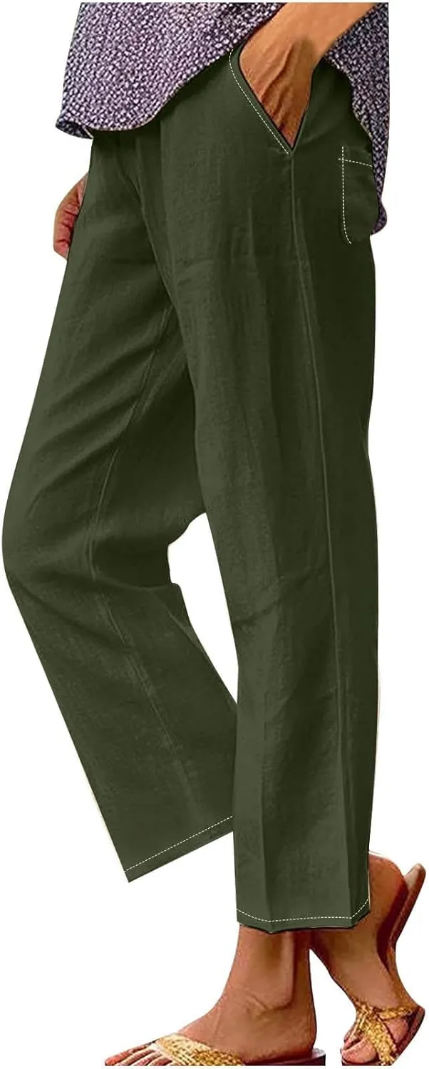 Elastic Waist Pants for Women Trendy 2024 Summer Casual Straight Leg Cotton Linen Pants Cropped Lounge Trousers