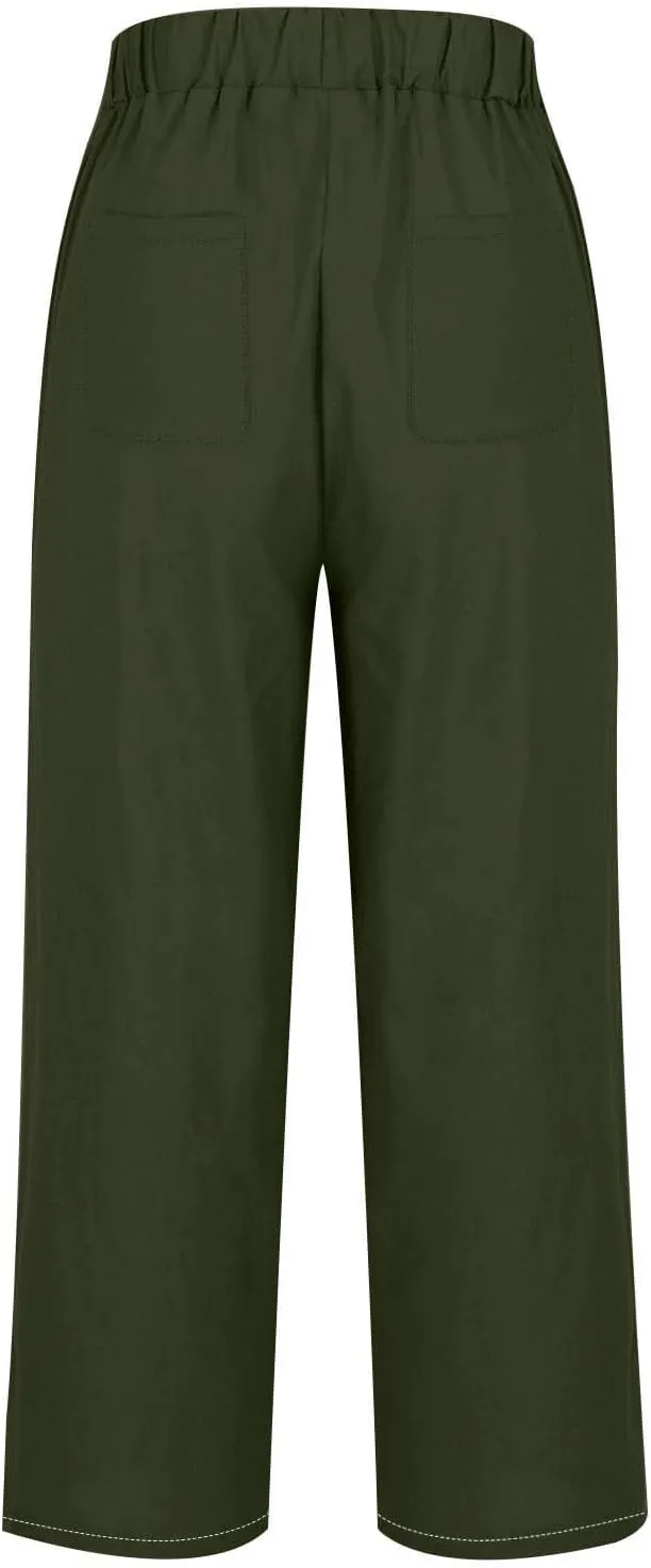Elastic Waist Pants for Women Trendy 2024 Summer Casual Straight Leg Cotton Linen Pants Cropped Lounge Trousers