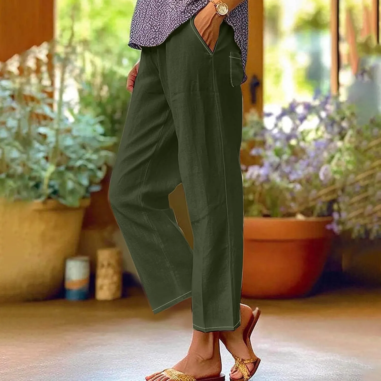 Elastic Waist Pants for Women Trendy 2024 Summer Casual Straight Leg Cotton Linen Pants Cropped Lounge Trousers