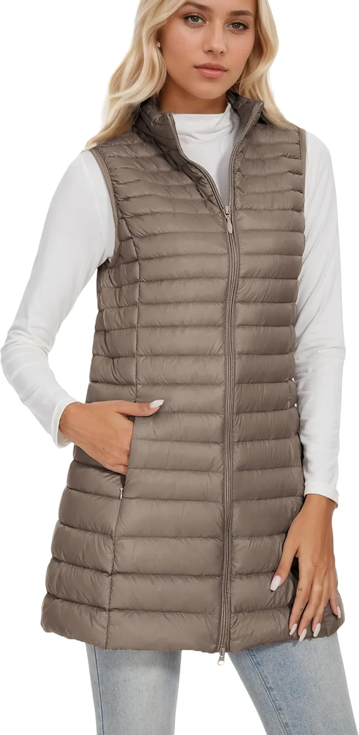 ELFJOY Long Puffer Vest Women Winter Ultra Light Long Down Vest with Stand Collar Black Womens Vests Outerwear