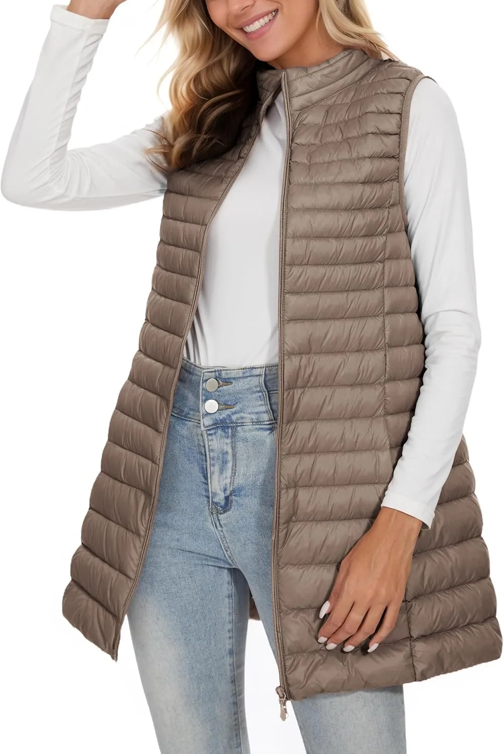 ELFJOY Long Puffer Vest Women Winter Ultra Light Long Down Vest with Stand Collar Black Womens Vests Outerwear