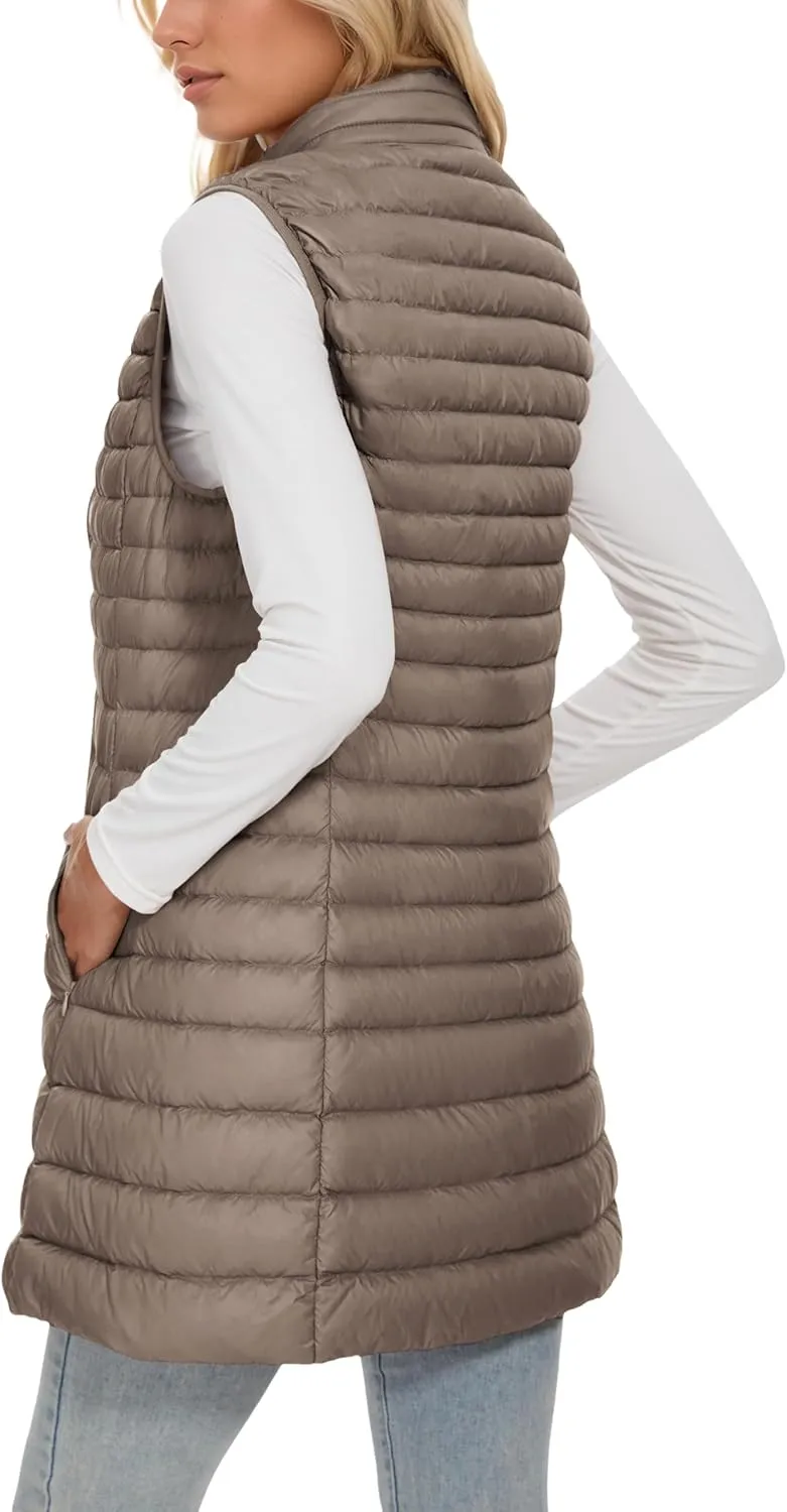 ELFJOY Long Puffer Vest Women Winter Ultra Light Long Down Vest with Stand Collar Black Womens Vests Outerwear