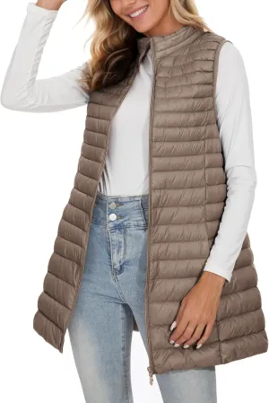 ELFJOY Long Puffer Vest Women Winter Ultra Light Long Down Vest with Stand Collar Black Womens Vests Outerwear