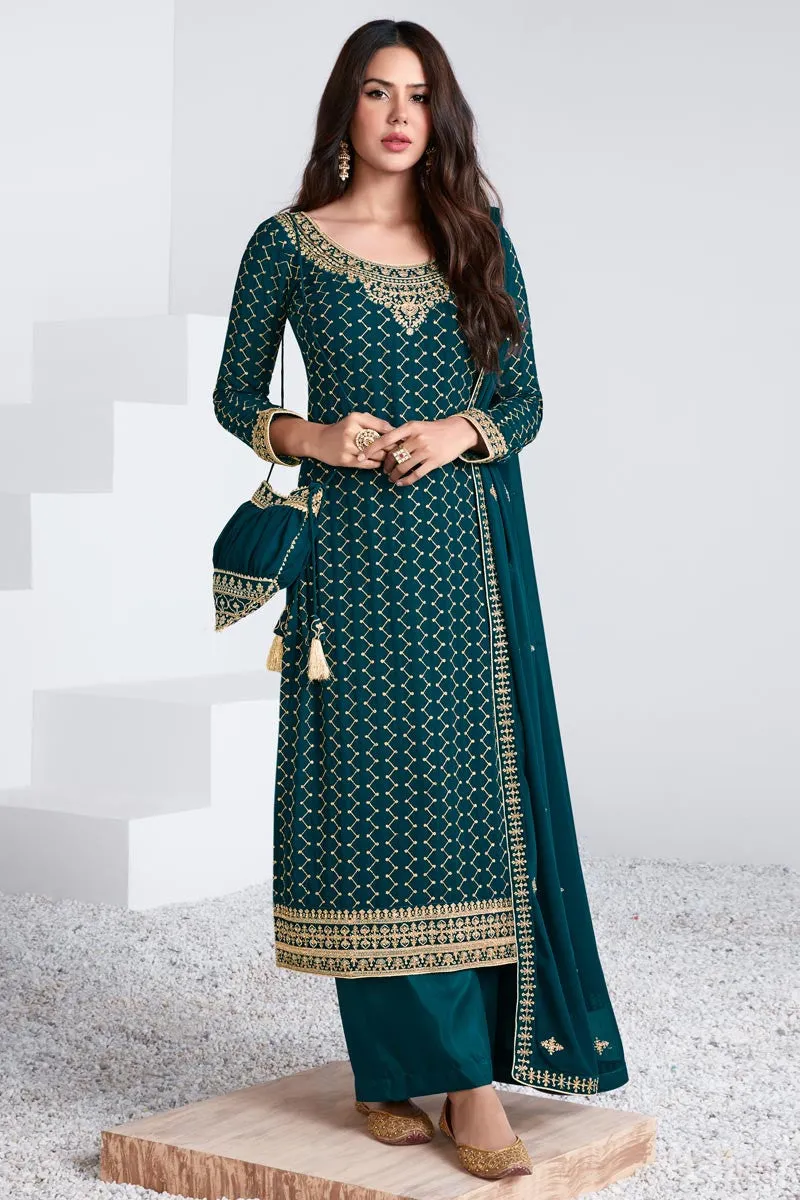 Embroidered Teal Blue Georgette Palazzo Suit