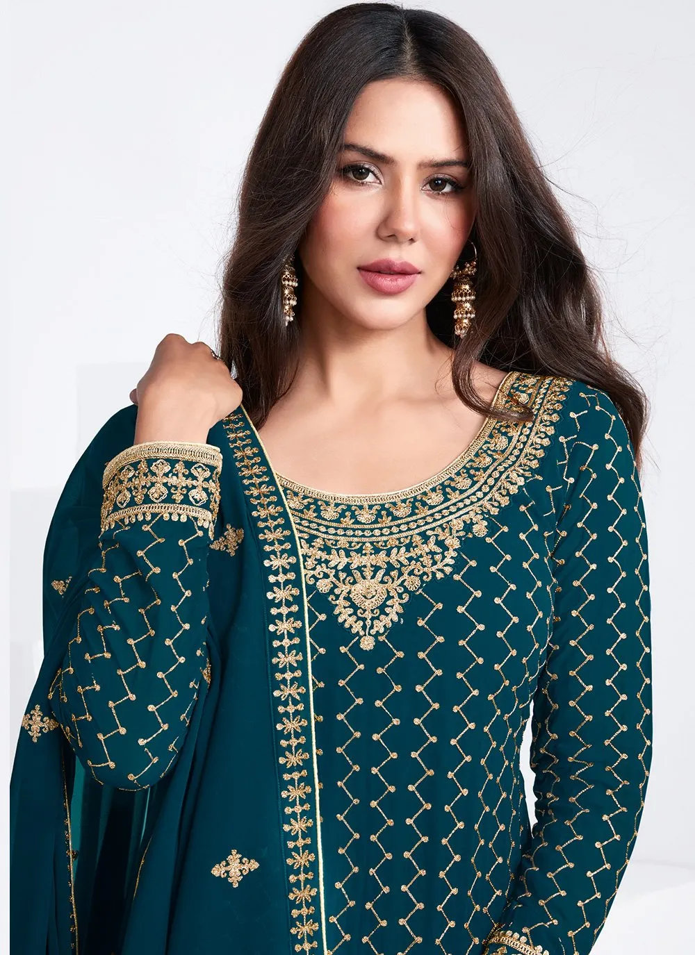 Embroidered Teal Blue Georgette Palazzo Suit