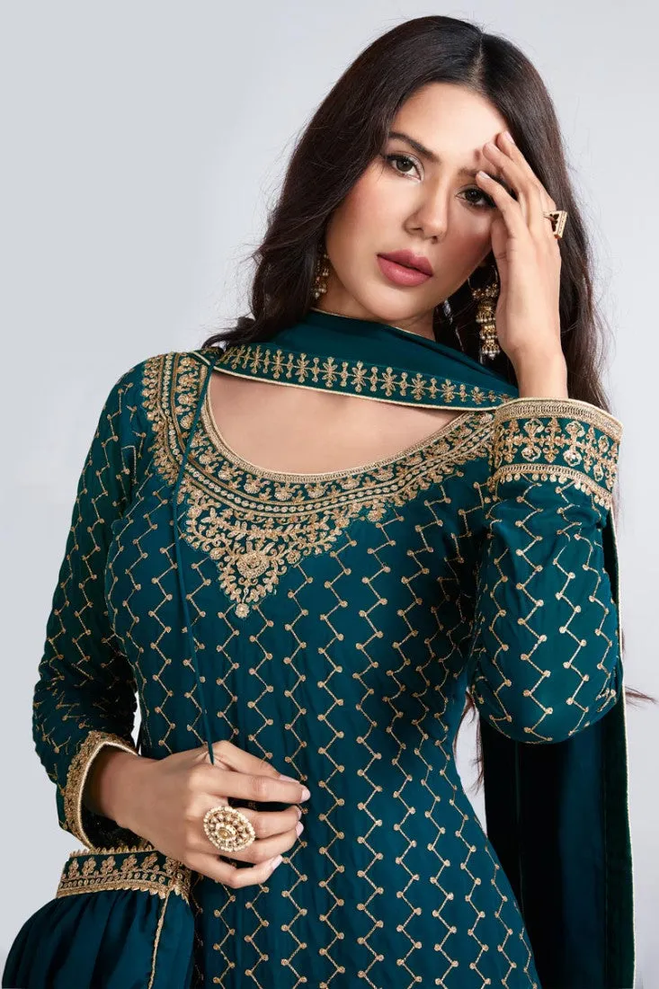 Embroidered Teal Blue Georgette Palazzo Suit