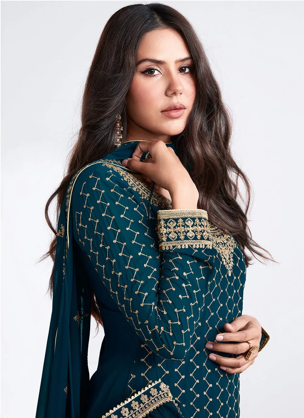 Embroidered Teal Blue Georgette Palazzo Suit