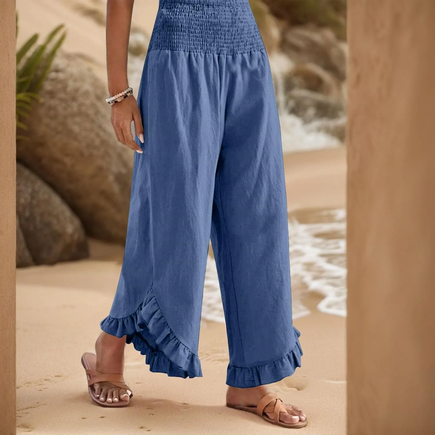 eoeioa Summer Linen Pants for Women Smocked High Waisted Palazzo Pants Ruffle Hem Beach Pant with Pockets