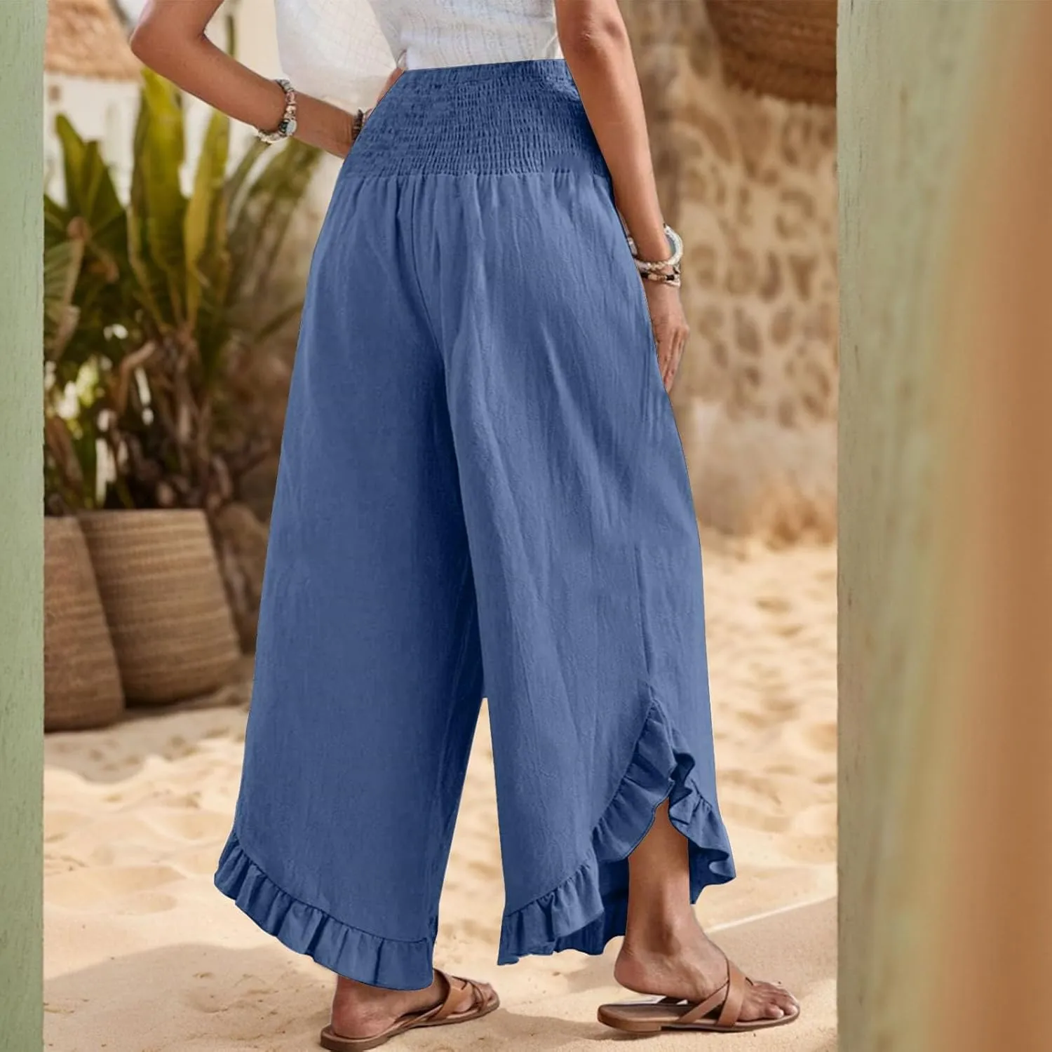 eoeioa Summer Linen Pants for Women Smocked High Waisted Palazzo Pants Ruffle Hem Beach Pant with Pockets