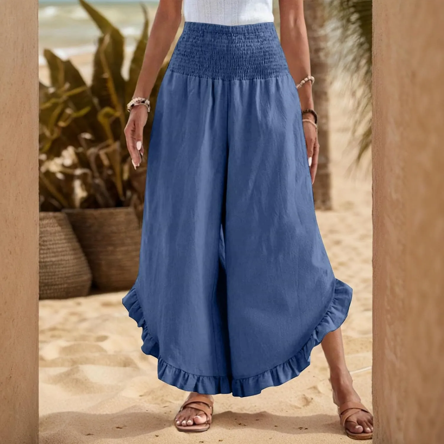 eoeioa Summer Linen Pants for Women Smocked High Waisted Palazzo Pants Ruffle Hem Beach Pant with Pockets