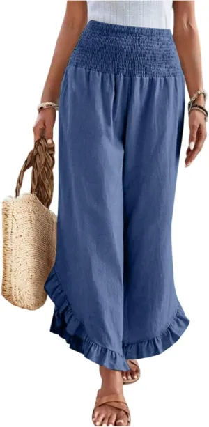 eoeioa Summer Linen Pants for Women Smocked High Waisted Palazzo Pants Ruffle Hem Beach Pant with Pockets