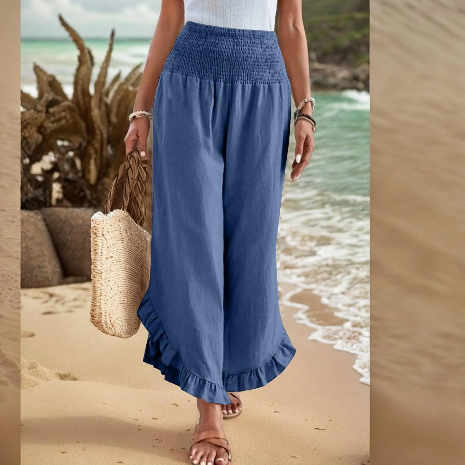 eoeioa Summer Linen Pants for Women Smocked High Waisted Palazzo Pants Ruffle Hem Beach Pant with Pockets