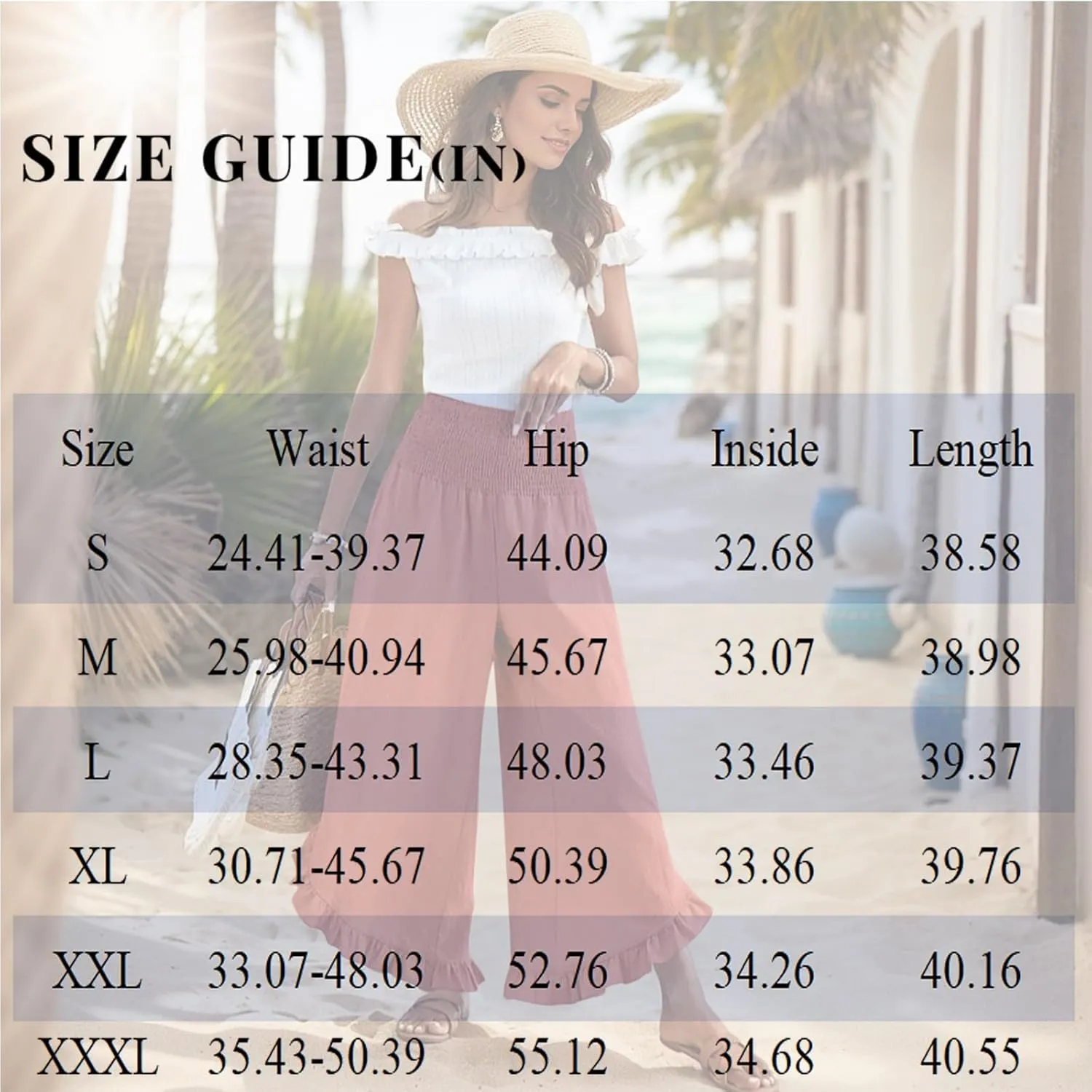 eoeioa Summer Linen Pants for Women Smocked High Waisted Palazzo Pants Ruffle Hem Beach Pant with Pockets