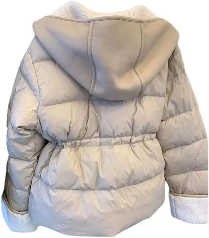ERFMFKL Women Winter Lamb Wool Patchwork Parka Thick Warm Loose Hooded Cotton Padded Jacket Coat