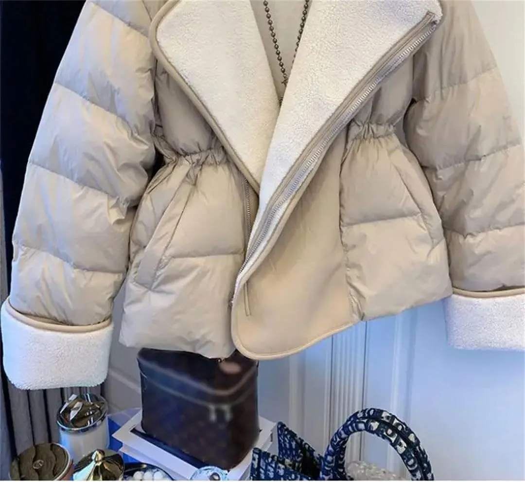 ERFMFKL Women Winter Lamb Wool Patchwork Parka Thick Warm Loose Hooded Cotton Padded Jacket Coat