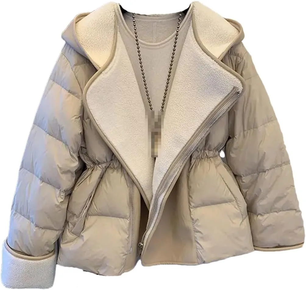 ERFMFKL Women Winter Lamb Wool Patchwork Parka Thick Warm Loose Hooded Cotton Padded Jacket Coat