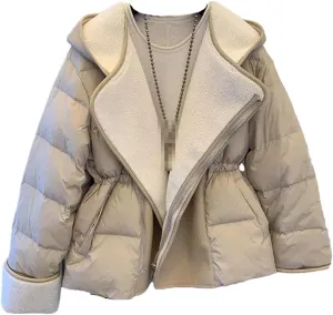 ERFMFKL Women Winter Lamb Wool Patchwork Parka Thick Warm Loose Hooded Cotton Padded Jacket Coat