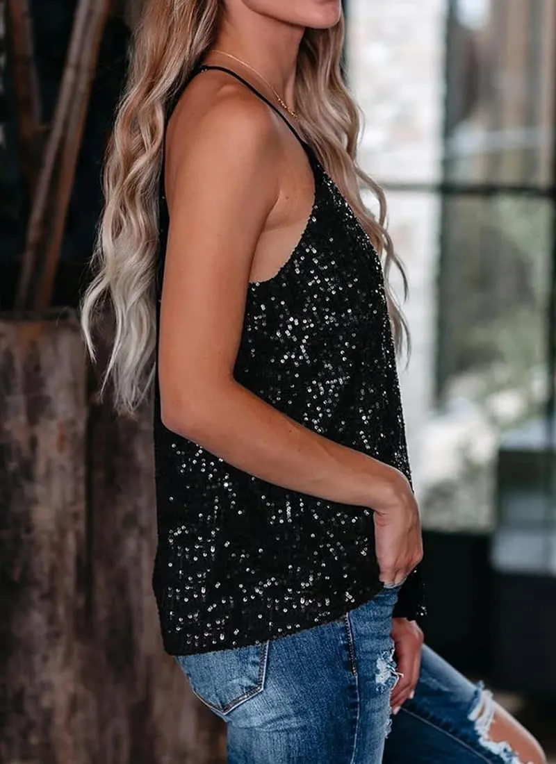 EUDOLAH Sequin Tops for Women Sparkle Camisole Shimmer Sleeveless V Neck Tanks Sexy Party Cami Going Out Outfits