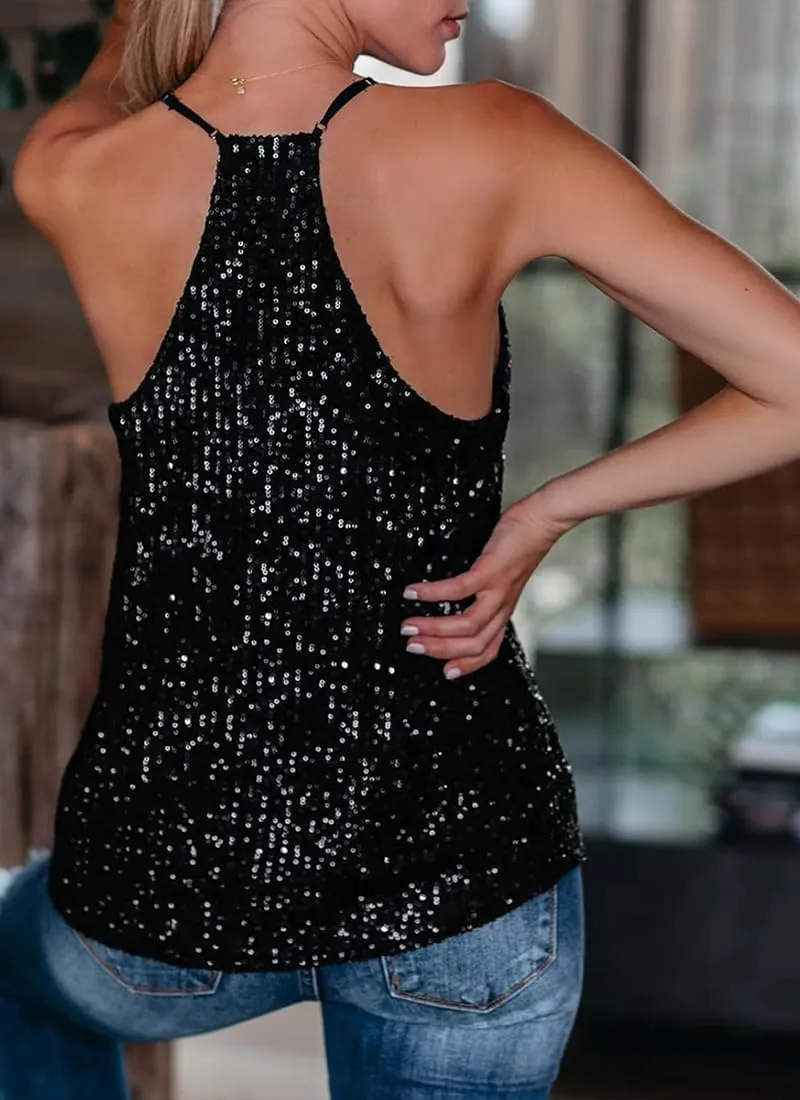 EUDOLAH Sequin Tops for Women Sparkle Camisole Shimmer Sleeveless V Neck Tanks Sexy Party Cami Going Out Outfits