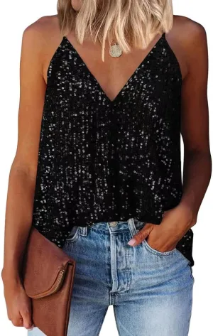 EUDOLAH Sequin Tops for Women Sparkle Camisole Shimmer Sleeveless V Neck Tanks Sexy Party Cami Going Out Outfits