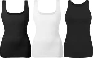 EUYZOU Women's 3PK Tummy Control Shapewear Tank Tops Seamless Square Neck & Halter Neck Compression Tops Body Shaper Camisole, Black & White XXL