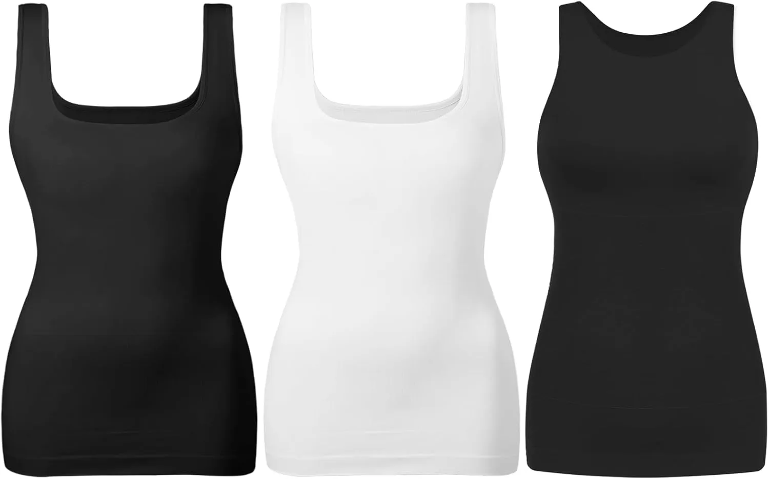 EUYZOU Women's 3PK Tummy Control Shapewear Tank Tops Seamless Square Neck & Halter Neck Compression Tops Body Shaper Camisole, Black & White XXL
