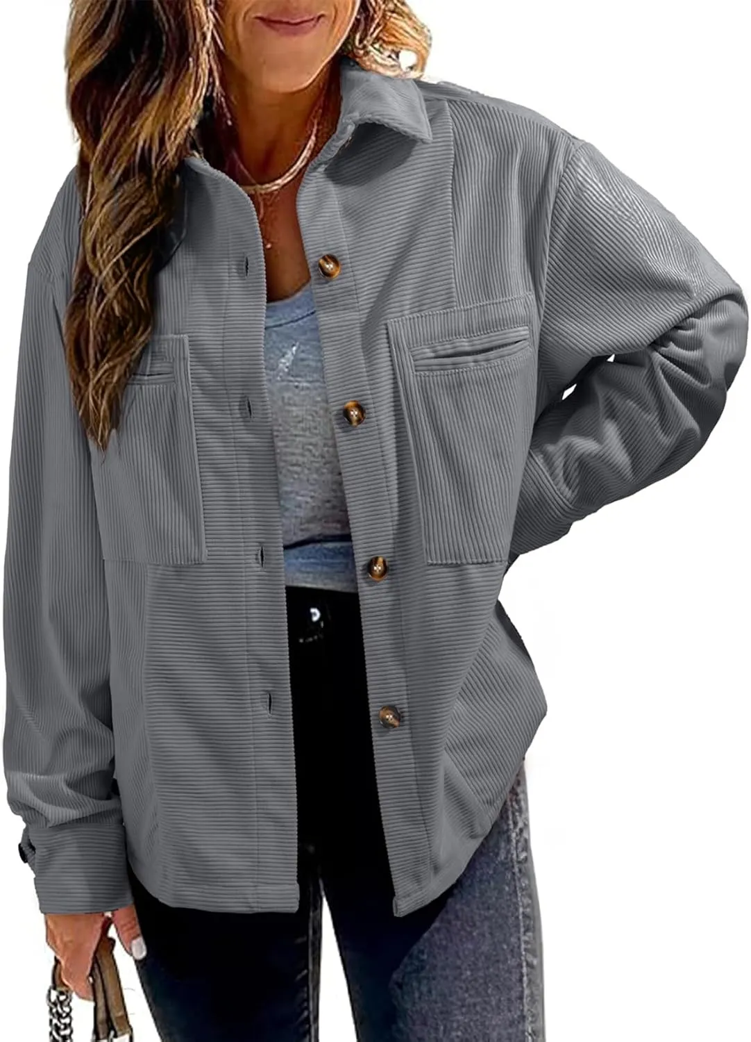 EVALESS Womens Corduroy Jackets Fashion Long Sleeve Button Down Shacket Shirt Jacket with Pockets Fall Outfits 2024