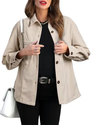 EVALESS Womens Corduroy Jackets Fashion Long Sleeve Button Down Shacket Shirt Jacket with Pockets Fall Outfits 2024