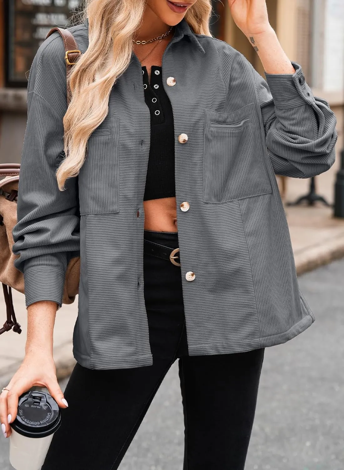 EVALESS Womens Corduroy Jackets Fashion Long Sleeve Button Down Shacket Shirt Jacket with Pockets Fall Outfits 2024
