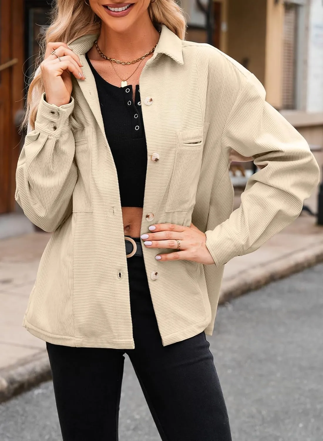 EVALESS Womens Corduroy Jackets Fashion Long Sleeve Button Down Shacket Shirt Jacket with Pockets Fall Outfits 2024