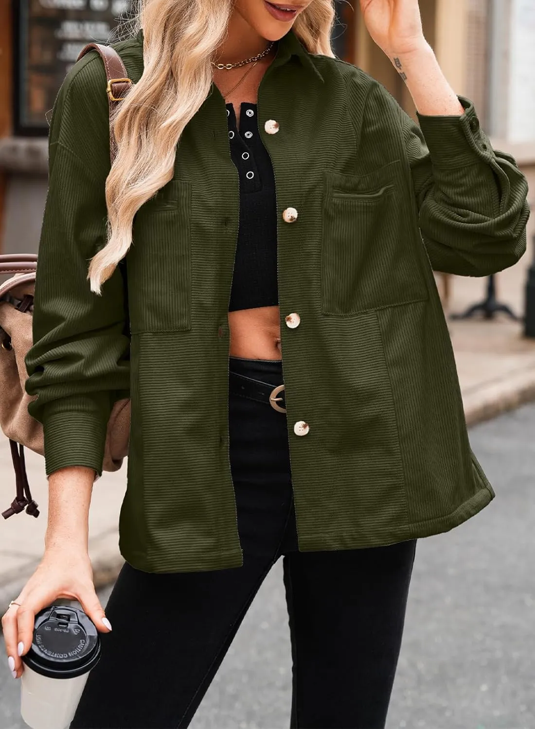 EVALESS Womens Corduroy Jackets Fashion Long Sleeve Button Down Shacket Shirt Jacket with Pockets Fall Outfits 2024