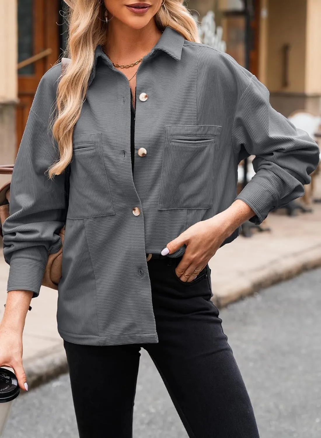 EVALESS Womens Corduroy Jackets Fashion Long Sleeve Button Down Shacket Shirt Jacket with Pockets Fall Outfits 2024