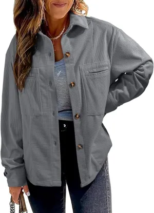 EVALESS Womens Corduroy Jackets Fashion Long Sleeve Button Down Shacket Shirt Jacket with Pockets Fall Outfits 2024