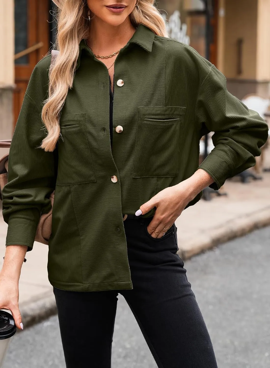 EVALESS Womens Corduroy Jackets Fashion Long Sleeve Button Down Shacket Shirt Jacket with Pockets Fall Outfits 2024