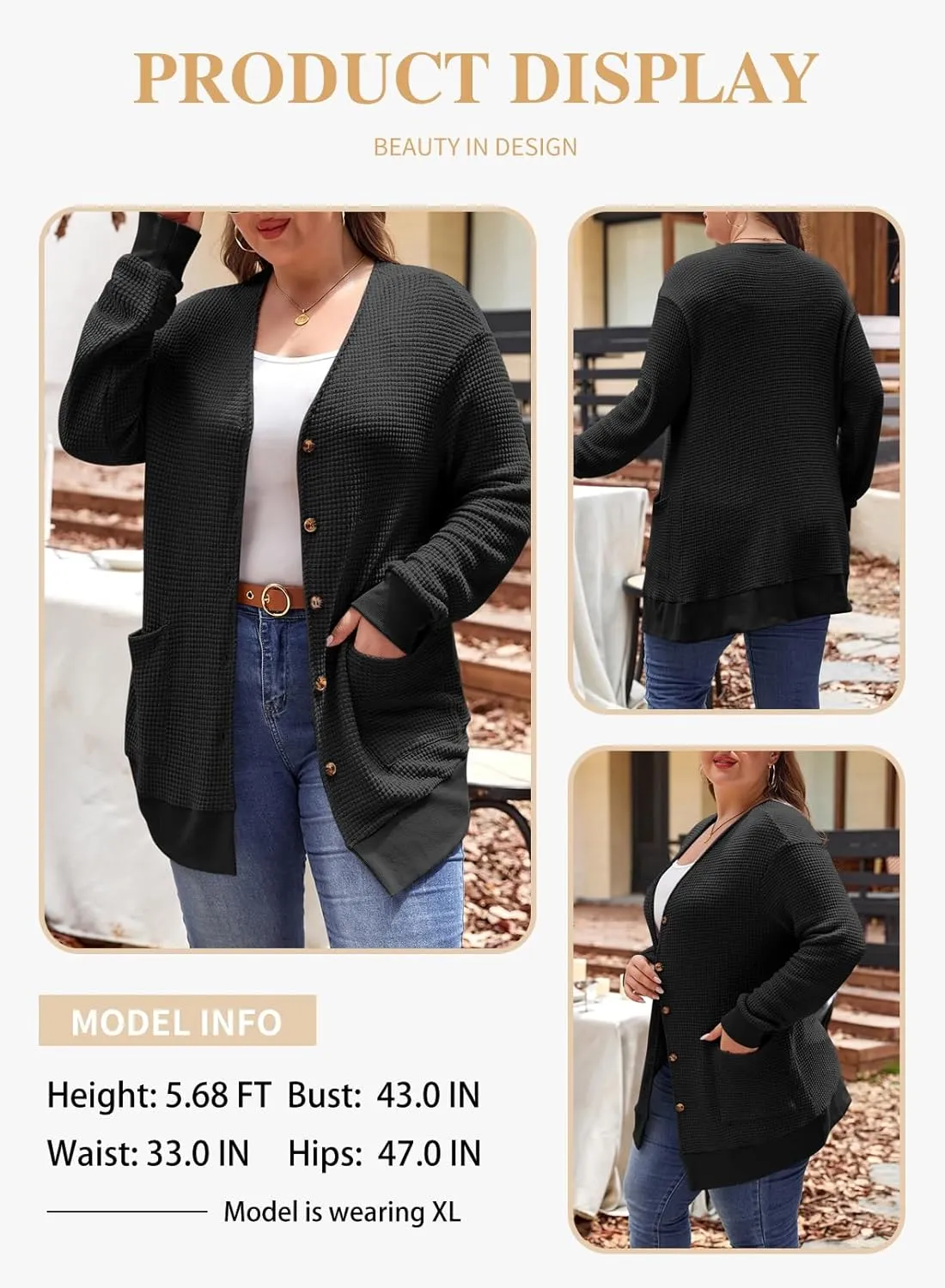 Eytino Womens Plus Size Cardigans Casual Long Sleeve Waffle Knit Front Button Tops(1X-5X)