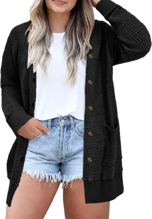 Eytino Womens Plus Size Cardigans Casual Long Sleeve Waffle Knit Front Button Tops(1X-5X)