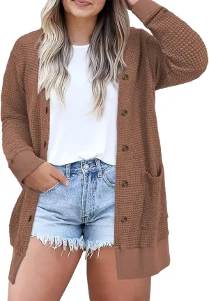 Eytino Womens Plus Size Cardigans Casual Long Sleeve Waffle Knit Front Button Tops(1X-5X)