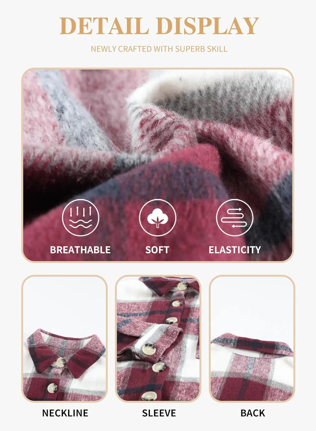Eytino Womens Plus Size Jacket Casual Long Sleeve Button Up Flannel Plaid Shacket Coats with Pockets(1X-5X)