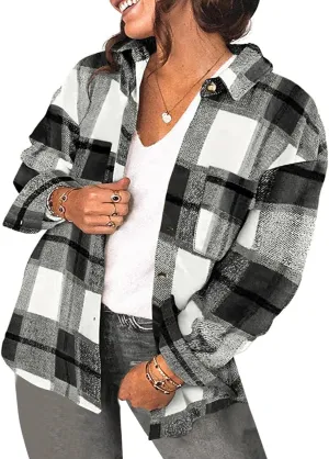 Eytino Womens Plus Size Jacket Casual Long Sleeve Button Up Flannel Plaid Shacket Coats with Pockets(1X-5X)