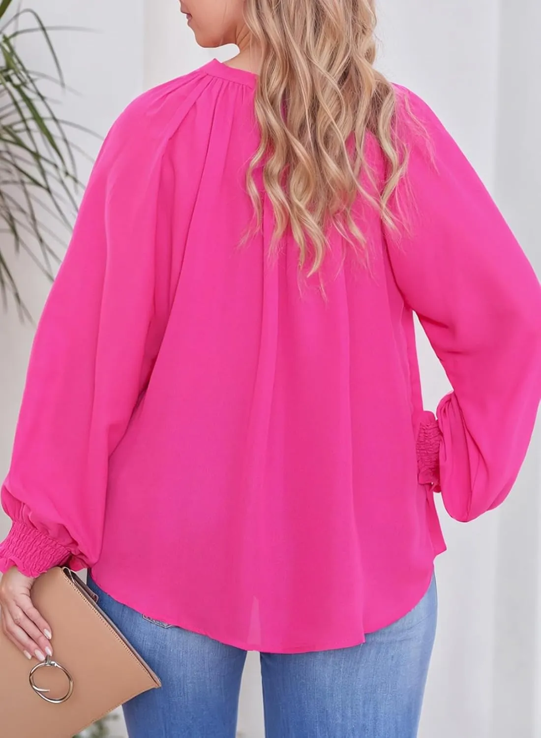 Eytino Womens Plus Size Tops Sexy V Neck Smocked Long Sleeve Casual Chiffon Blouse Flowy Work Shirts(1X-5X)