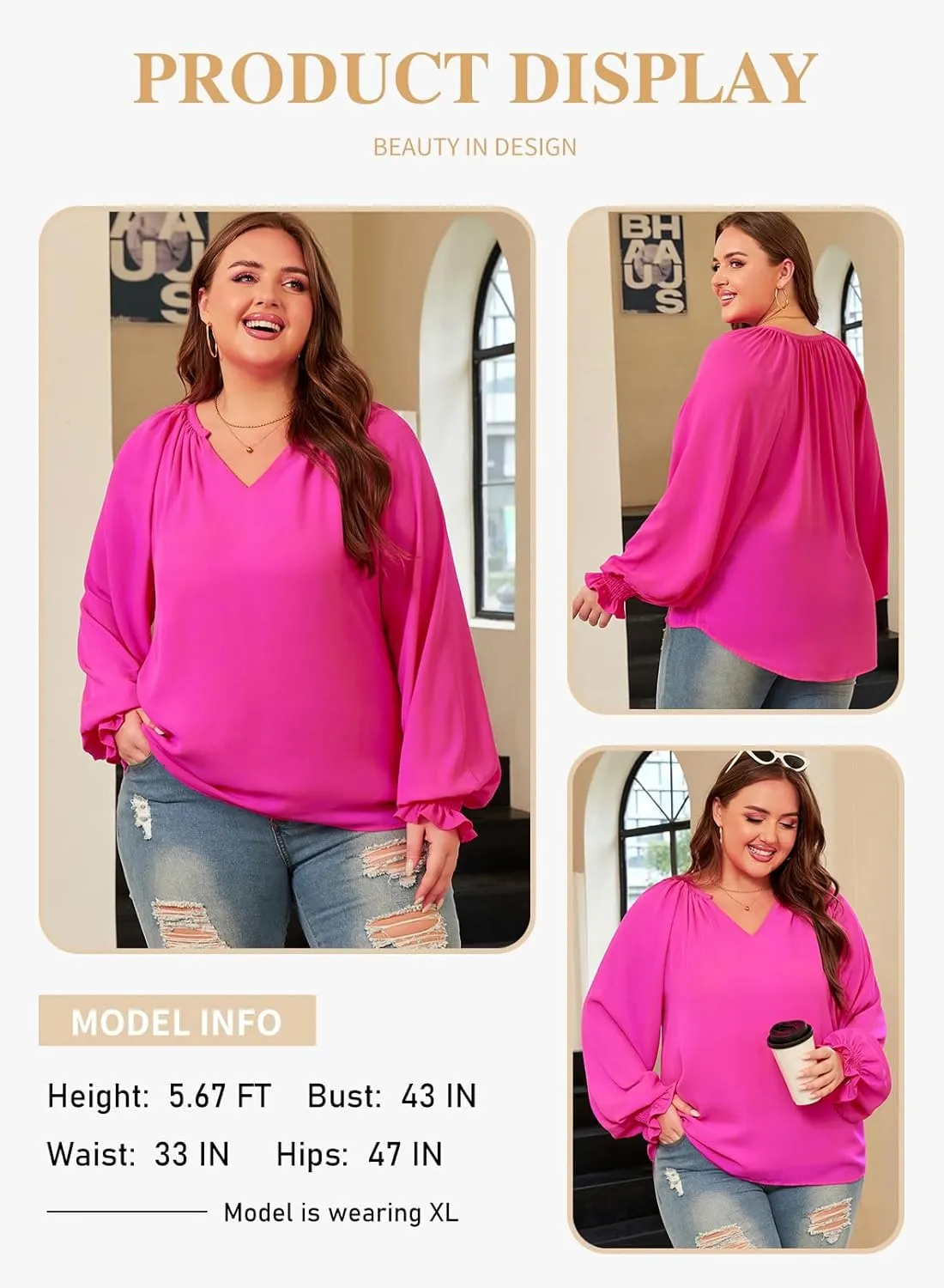 Eytino Womens Plus Size Tops Sexy V Neck Smocked Long Sleeve Casual Chiffon Blouse Flowy Work Shirts(1X-5X)