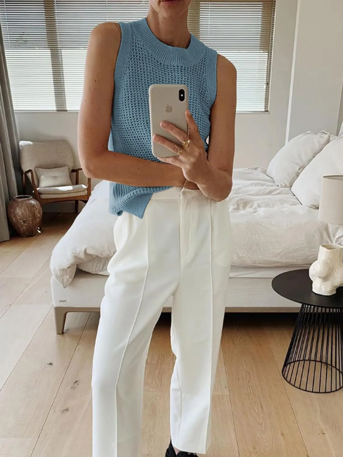 Famulily Women's Summer Knit Tank Top Sleeveless Hollow Out Tops Round Neck Crochet Knitted Cami Shirts